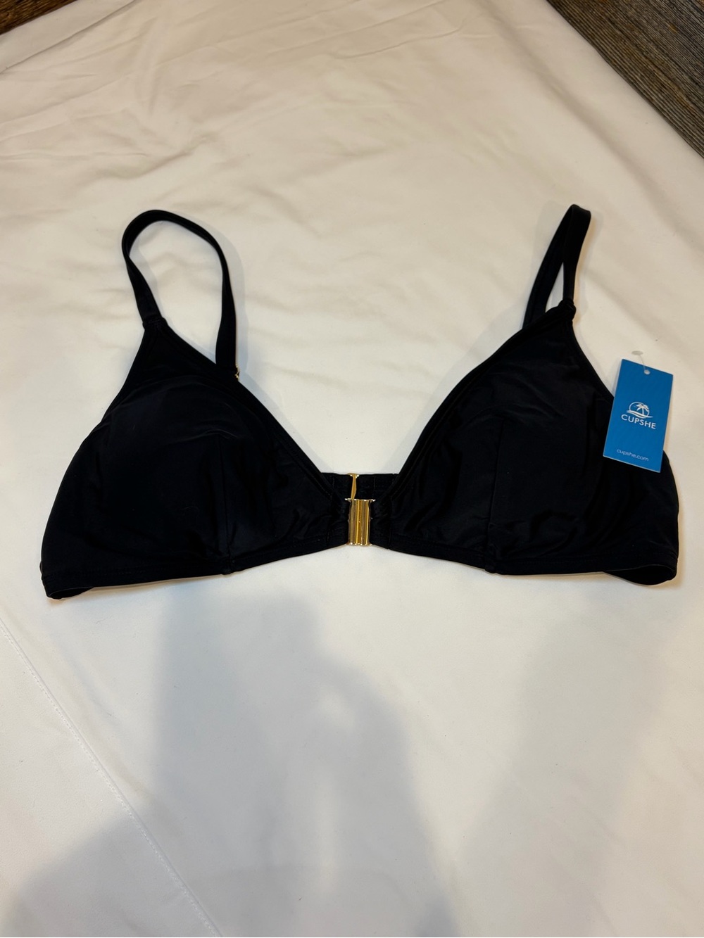 CUPSHE Black Triangle Front-Clasp Bikini Top with Gold Hardware NWT